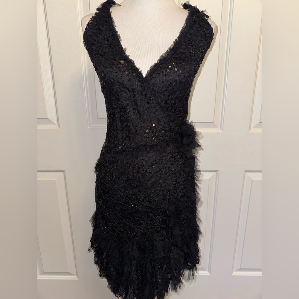 Y2K Whimsygoth Fairy Lace Beaded Black Wrap Dress Gothic Dark Romantic Ruffle